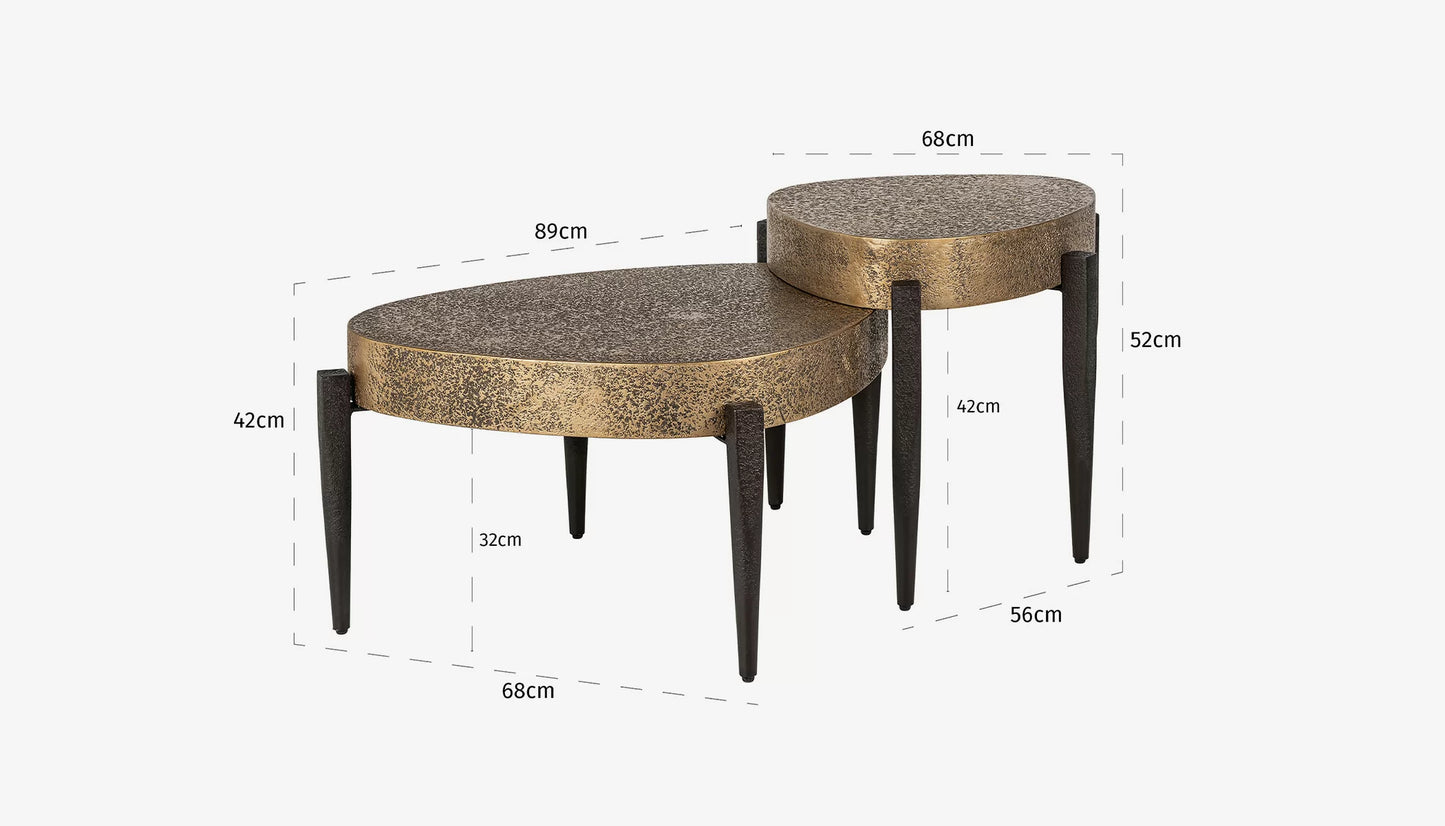 Marquee Set of 2 Coffee Tables in Antique Brass & Black Iron Finish
