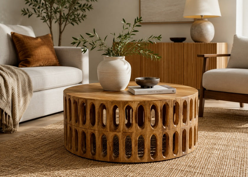 Kankra Carved Oval Tile Coffee Table
