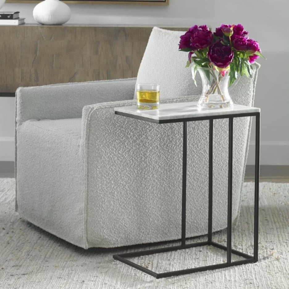 Thomas Side Table in White Marble & Black Finish