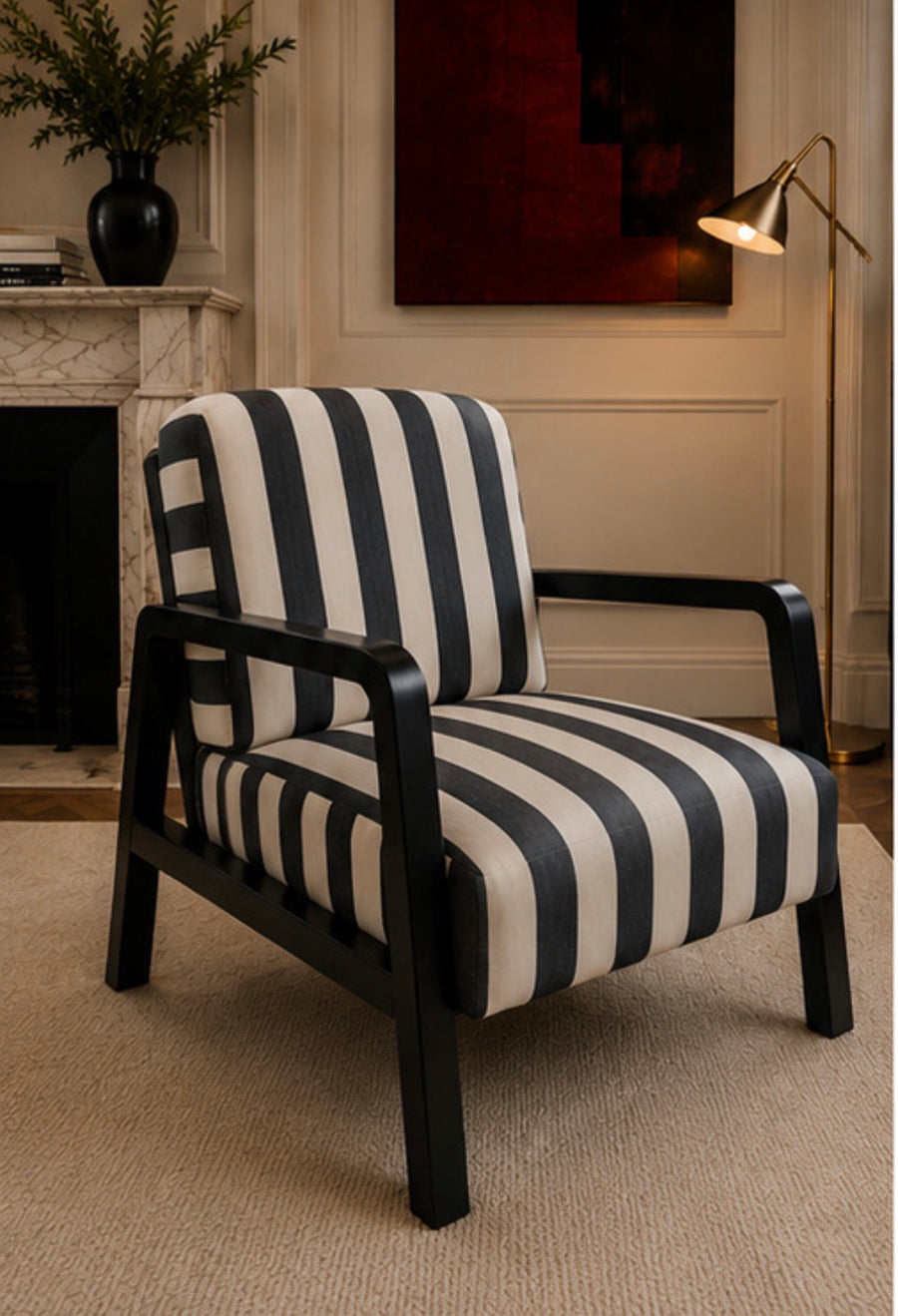 Parnay Black and White Stripe Armchair with Wooden Frame