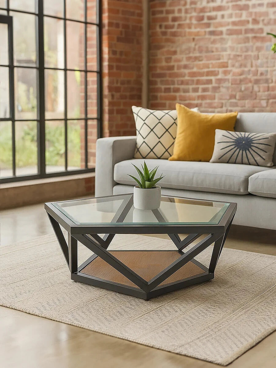 Cibo Hexagon Glass Coffee Table with Black Frame — view 9