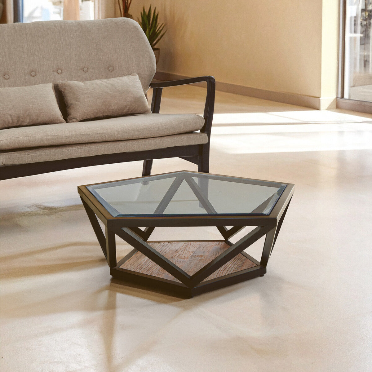 Cibo Hexagon Glass Coffee Table with Black Frame — view 8