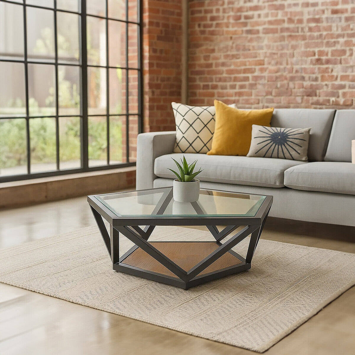 Cibo Hexagon Glass Coffee Table with Black Frame — view 10