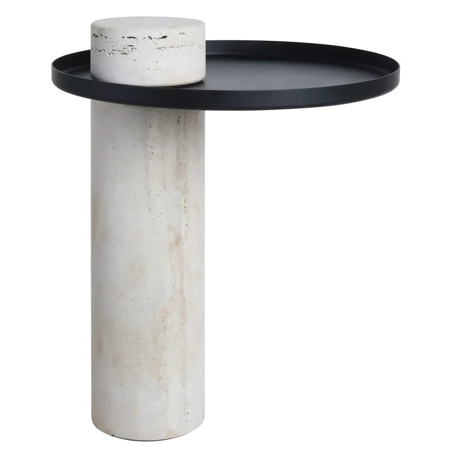 Mahon Travertine Column Base Side Table with Metal Top