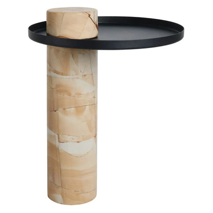 Mahon Teak Wood Effect Marble Column Base Side Table with Metal Top – image 2