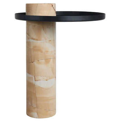 Mahon Teak Wood Effect Marble Column Base Side Table with Metal Top – image 1