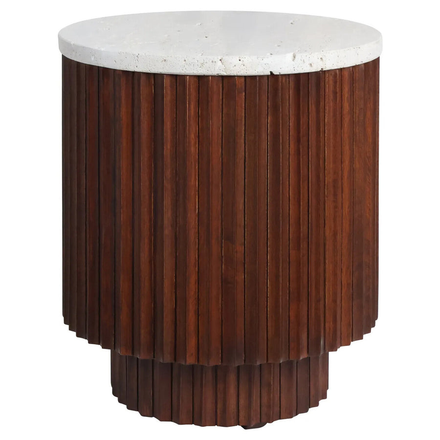 Matros Small Travertine Top Brown Ridge Mango Wood Base Side Table