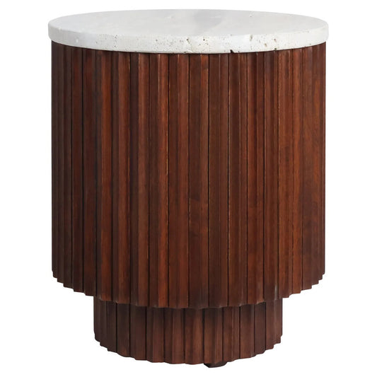 Matros Small Travertine Top Brown Ridge Mango Wood Base Side Table – image 1