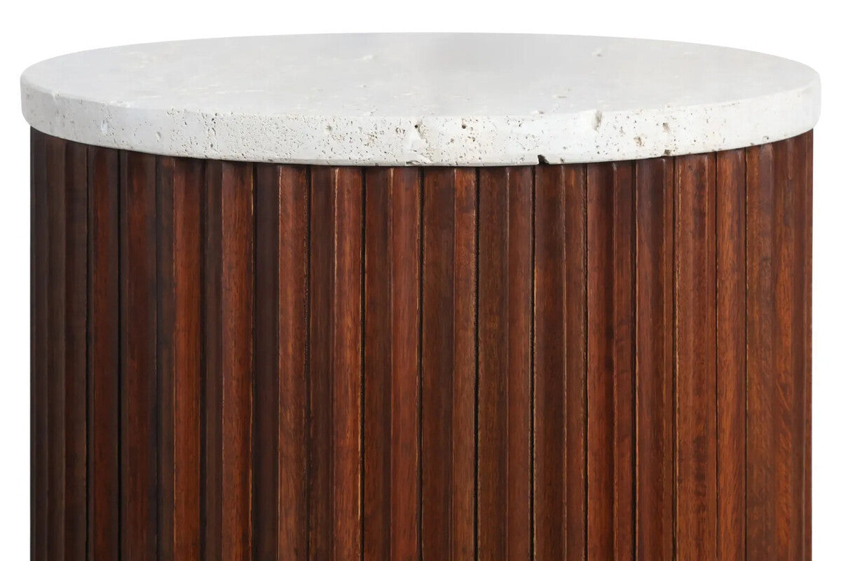 Matros Small Travertine Top Brown Ridge Mango Wood Base Side Table – image 3