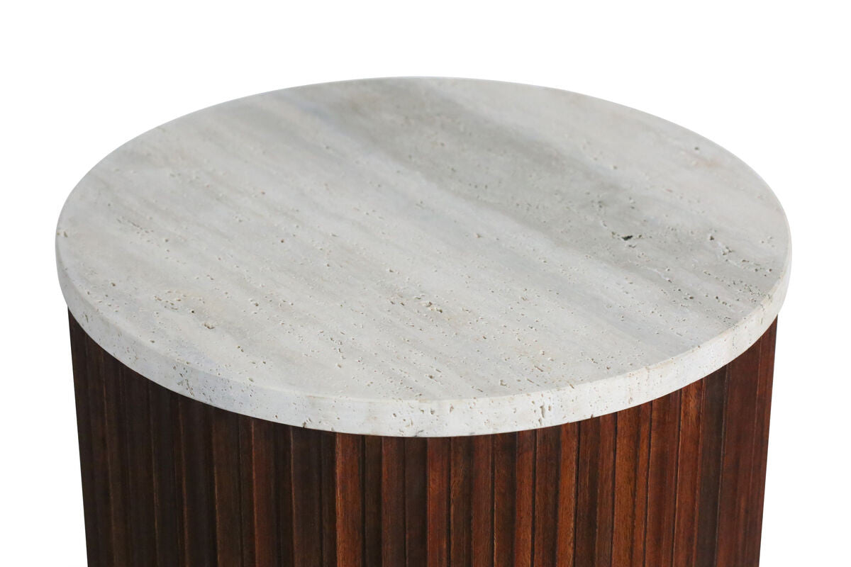 Matros Small Travertine Top Brown Ridge Mango Wood Base Side Table – image 6