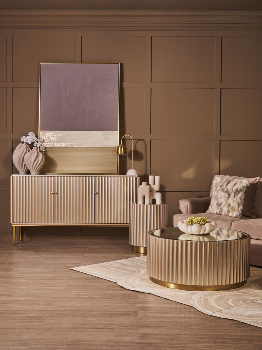 Dusino Champagne Gold Finish Three Door Flute Detail Sideboard – image 6