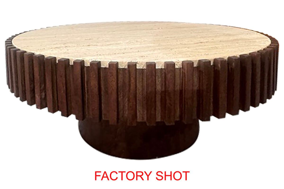Babel Round Travertine and Mango Wood Coffee Table