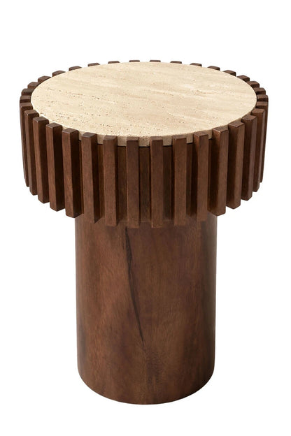 Babel Round Travertine and Mango Wood Side Table