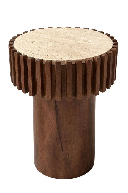 Babel Round Travertine and Mango Wood Side Table