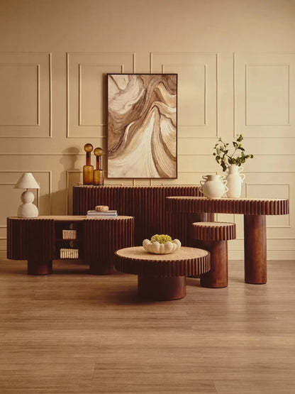 Babel Round Travertine and Mango Wood Side Table