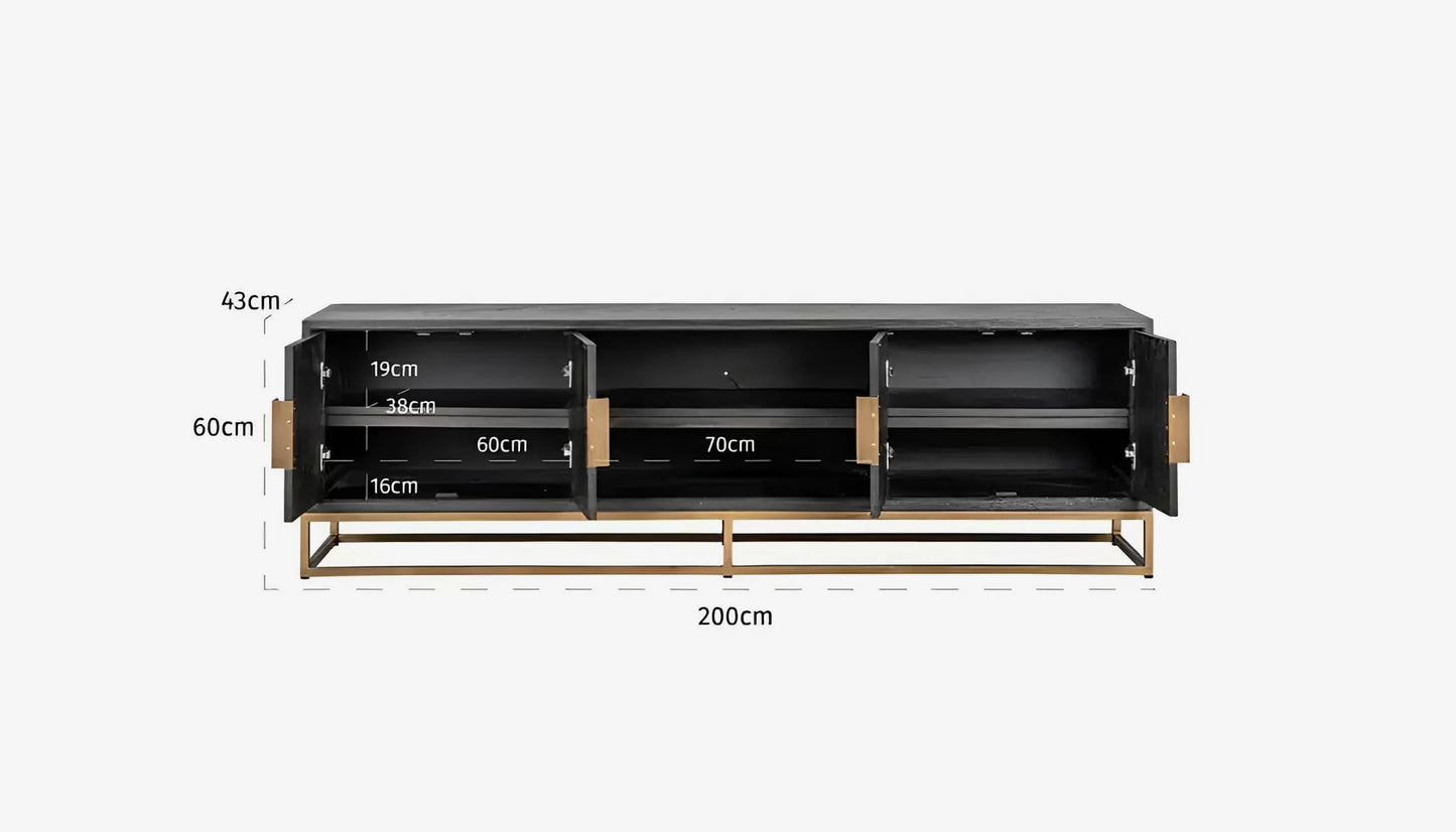 Blackbone Tv Unit in Black Rustic Oak & Brushed Brass Finish