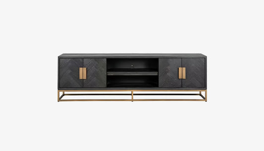 Blackbone Tv Unit in Black Rustic Oak & Brushed Brass Finish