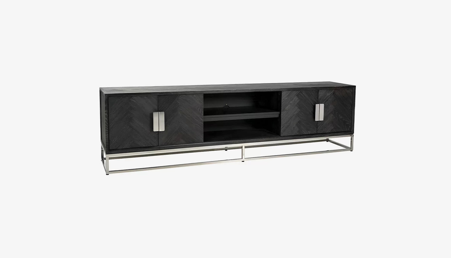 Blackbone Wide Tv Unit in Black Rustic Oak & Silver Finish