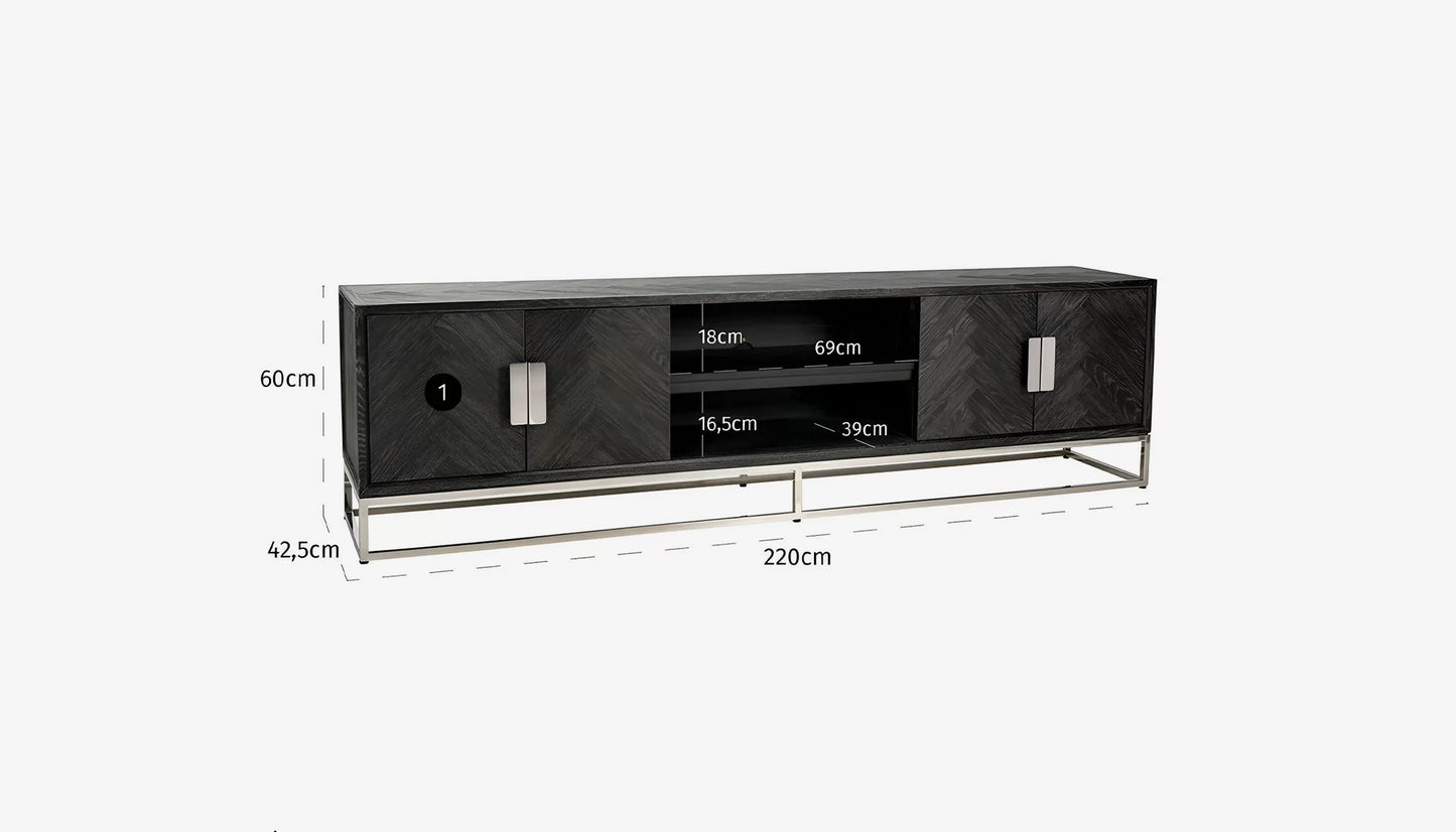 Blackbone Wide Tv Unit in Black Rustic Oak & Silver Finish