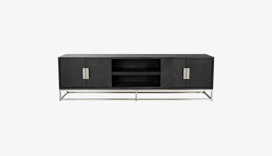 Blackbone Wide Tv Unit in Black Rustic Oak & Silver Finish