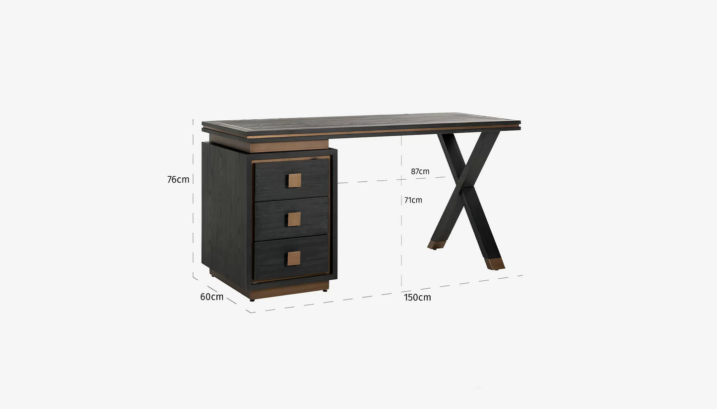 Hunter Desk in Black Rustic Oak & Brushed Gold Finish