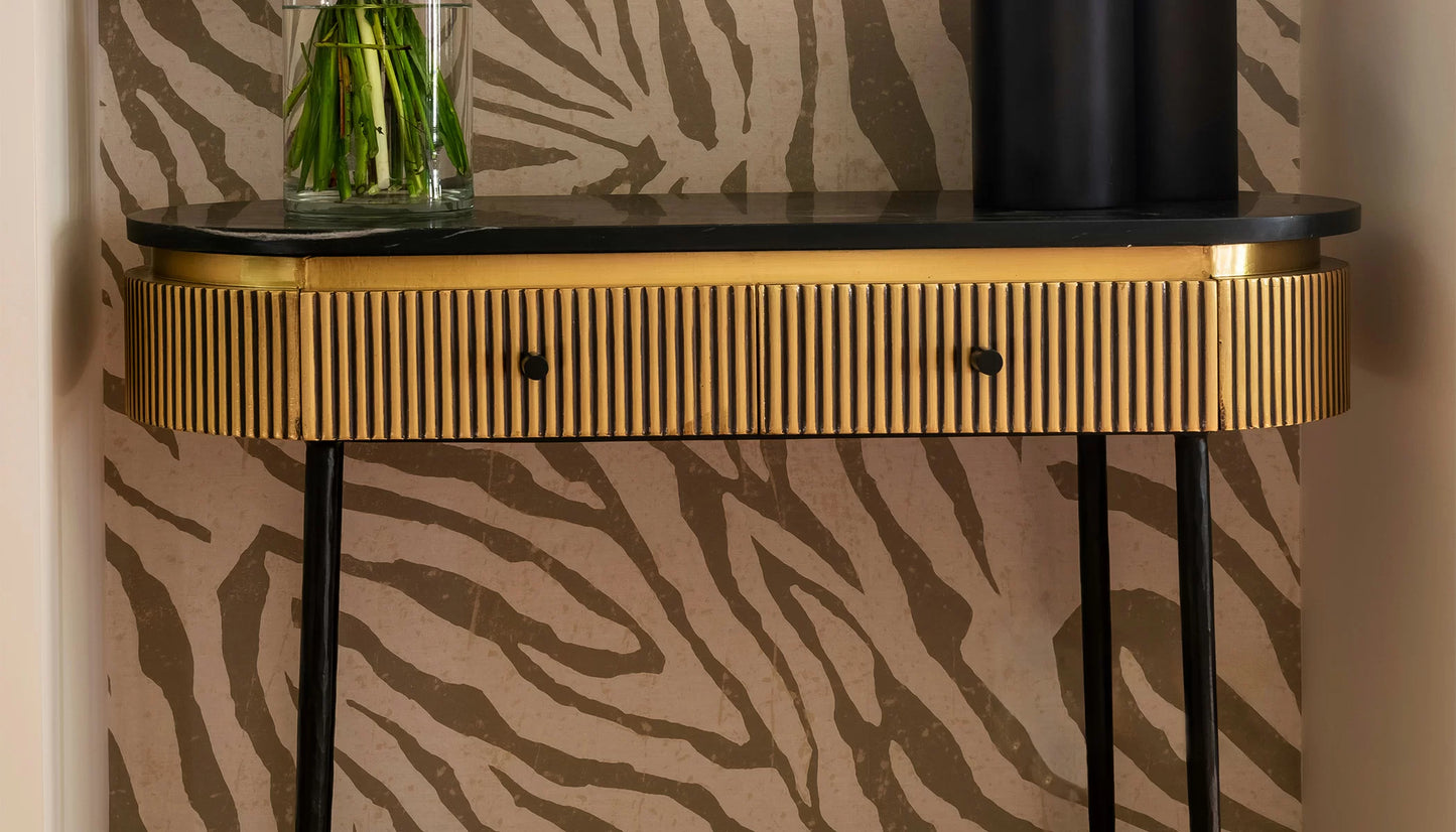 Ironville Medium Console Table in Black Marble Top & Gold Finish
