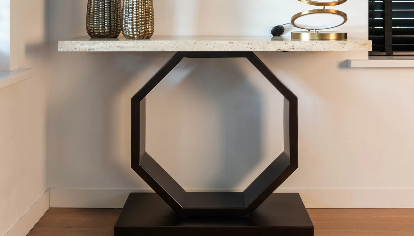 Avalon Console Table in Travertine & Bronze Finish