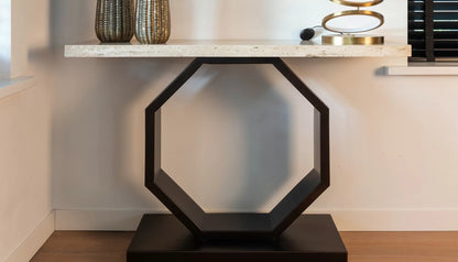 Avalon Console Table in Travertine & Bronze Finish