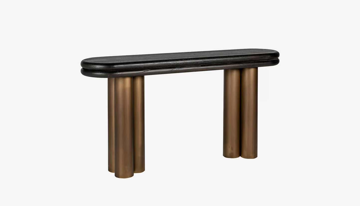 Macaron Console Table in Black Rustic Oak & Brushed Bras