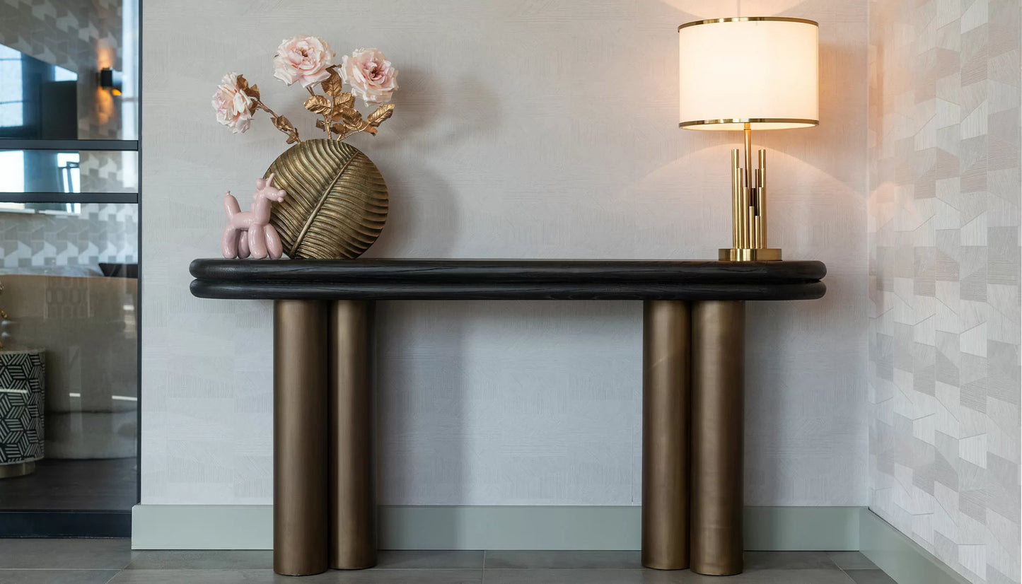 Macaron Console Table in Black Rustic Oak & Brushed Bras