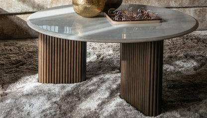 Mayfield Round Coffee Table in Morchana Marble Top & Dark Mango Base