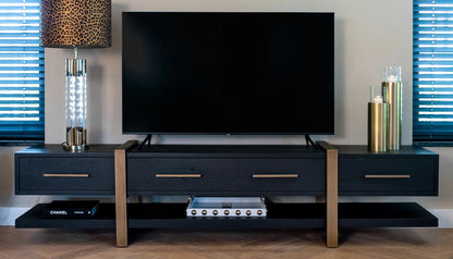 Cambon Wide Tv Unit in Dark Coffee Oak & Brushed Gold Finish
