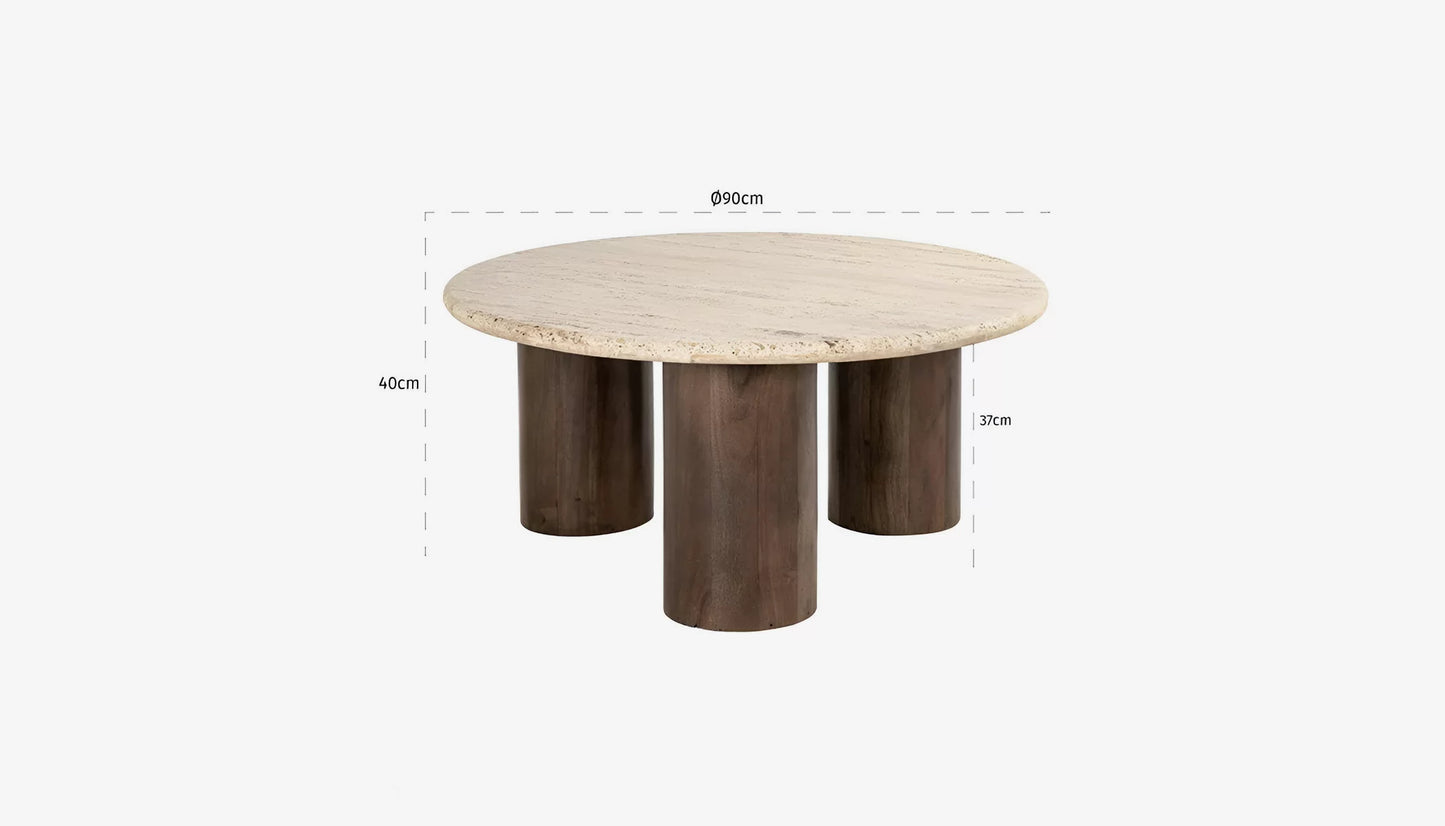 Douglas Round Coffee Table in Travertine Top & Dark Mango Wood Base