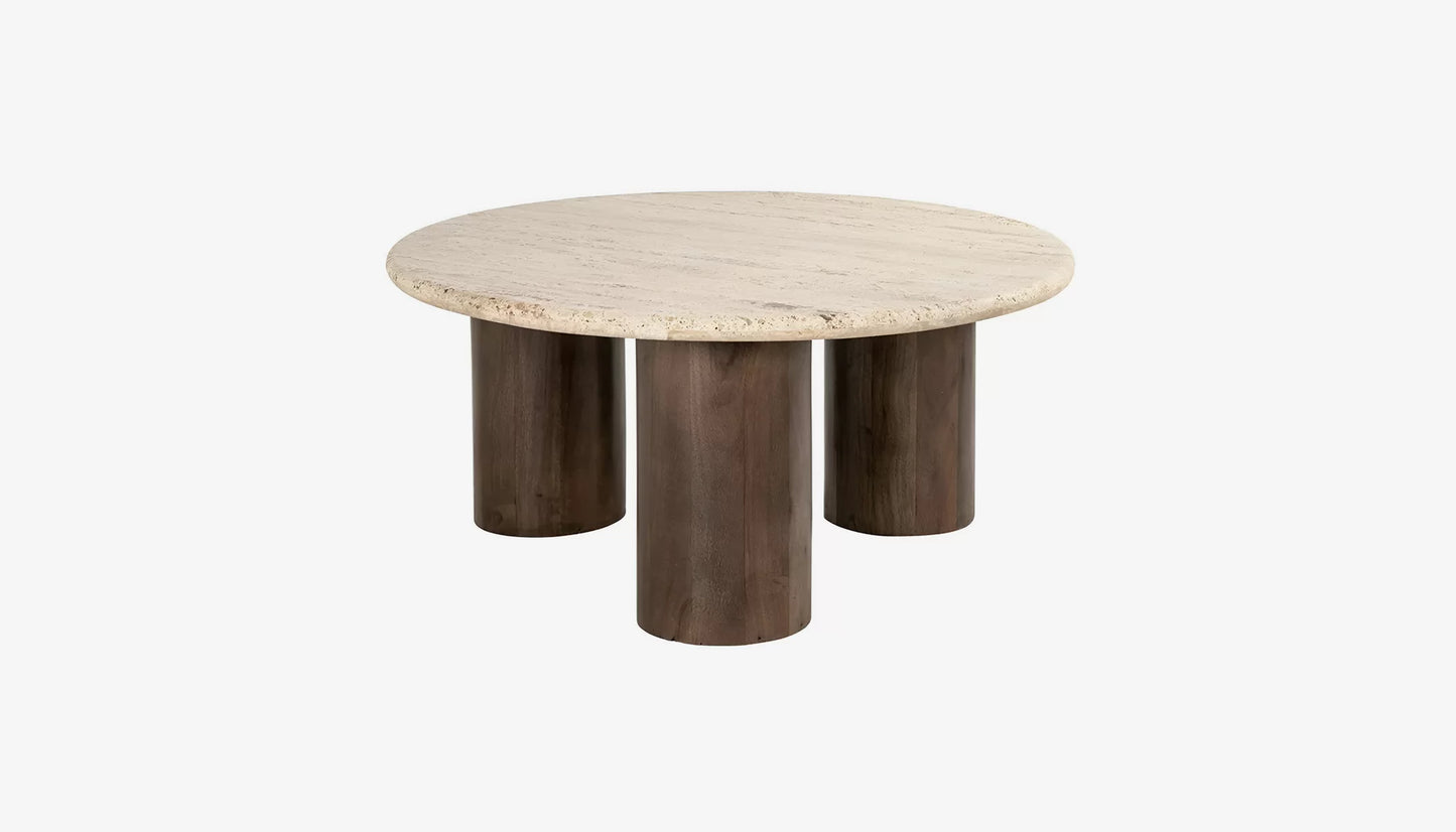 Douglas Round Coffee Table in Travertine Top & Dark Mango Wood Base