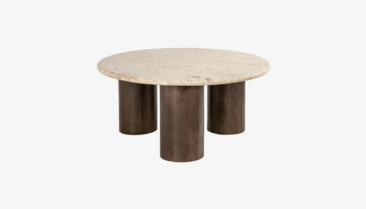 Douglas Round Coffee Table in Travertine Top & Dark Mango Wood Base