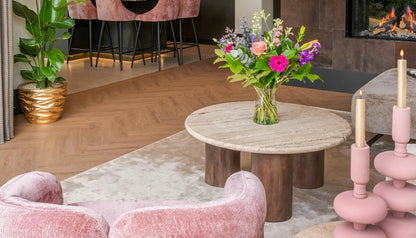Douglas Round Coffee Table in Travertine Top & Dark Mango Wood Base