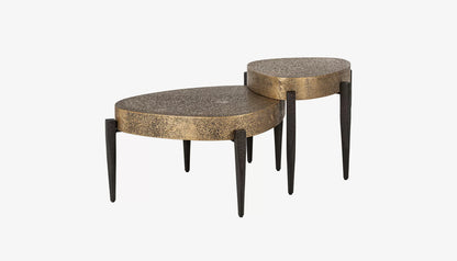 Marquee Set of 2 Coffee Tables in Antique Brass & Black Iron Finish
