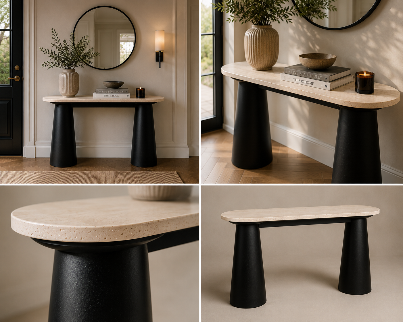 Waris Travertine Top and Black Mango Wood Console Table
