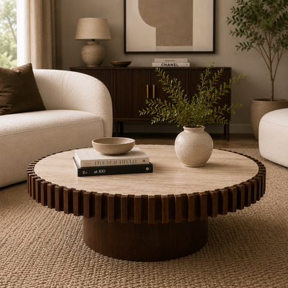 Babel Round Travertine and Mango Wood Coffee Table