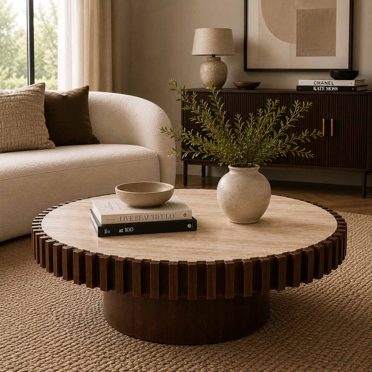 Babel Round Travertine and Mango Wood Coffee Table