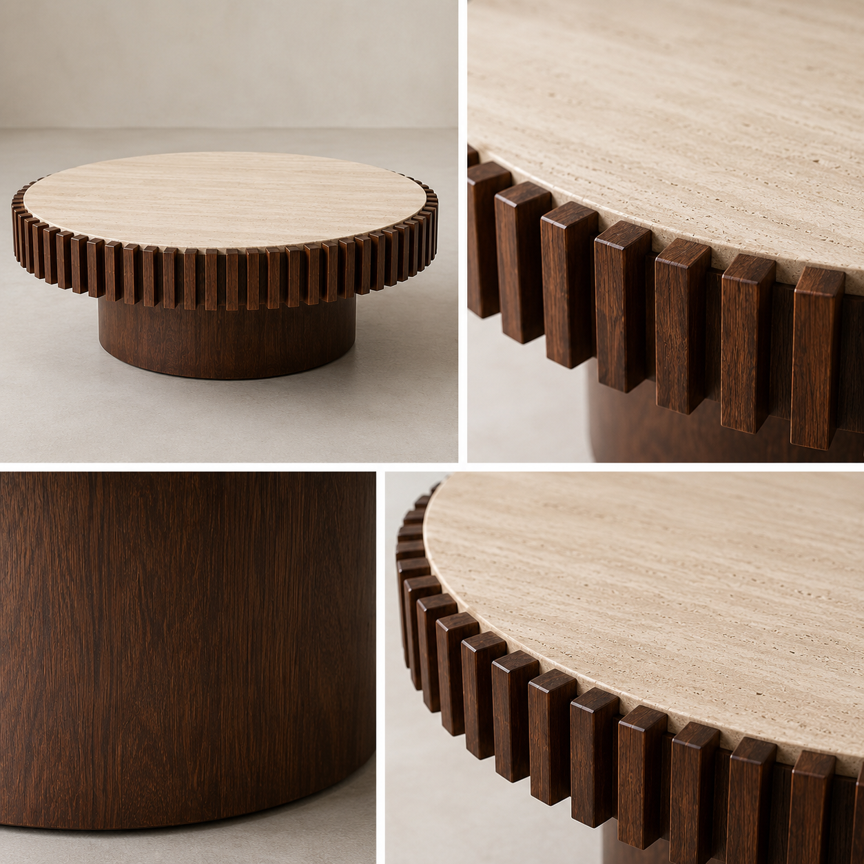 Babel Round Travertine and Mango Wood Coffee Table
