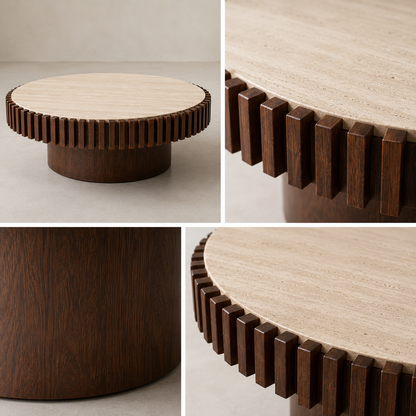 Babel Round Travertine and Mango Wood Coffee Table
