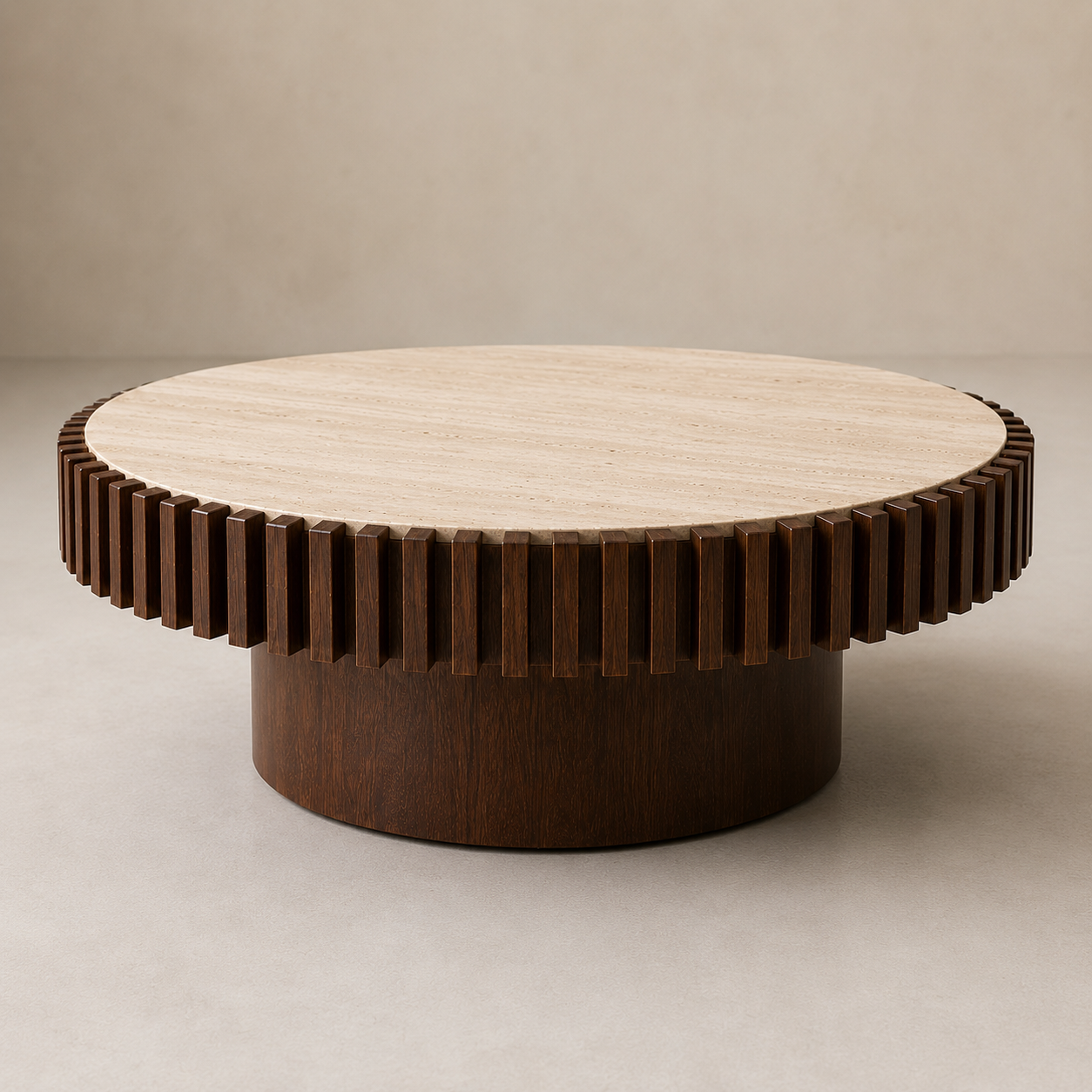 Babel Round Travertine and Mango Wood Coffee Table