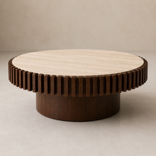 Babel Round Travertine and Mango Wood Coffee Table