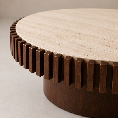 Babel Round Travertine and Mango Wood Coffee Table