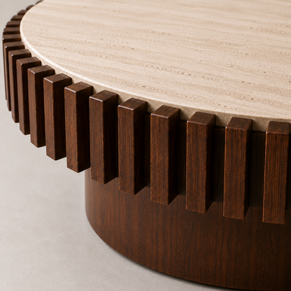 Babel Round Travertine and Mango Wood Coffee Table