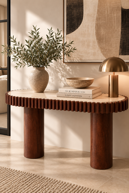 Babel Travertine and Mango Wood Curved Console Table
