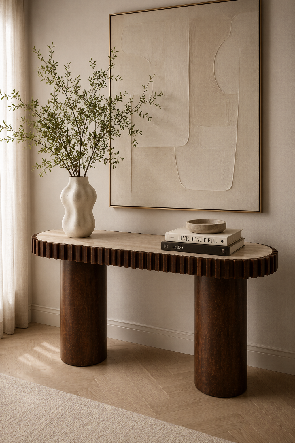 Babel Travertine and Mango Wood Curved Console Table