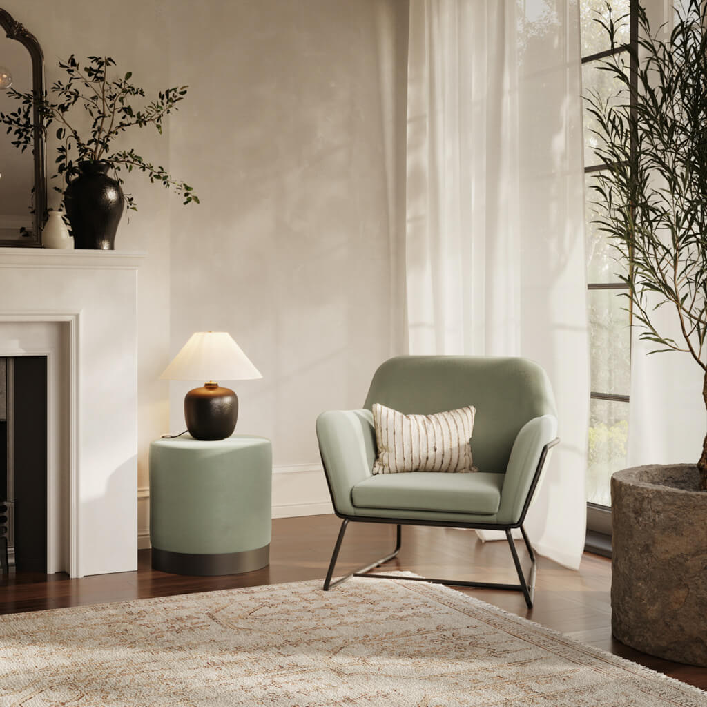 Charles Chair and Lara Small Pouffe in Sage and Black
