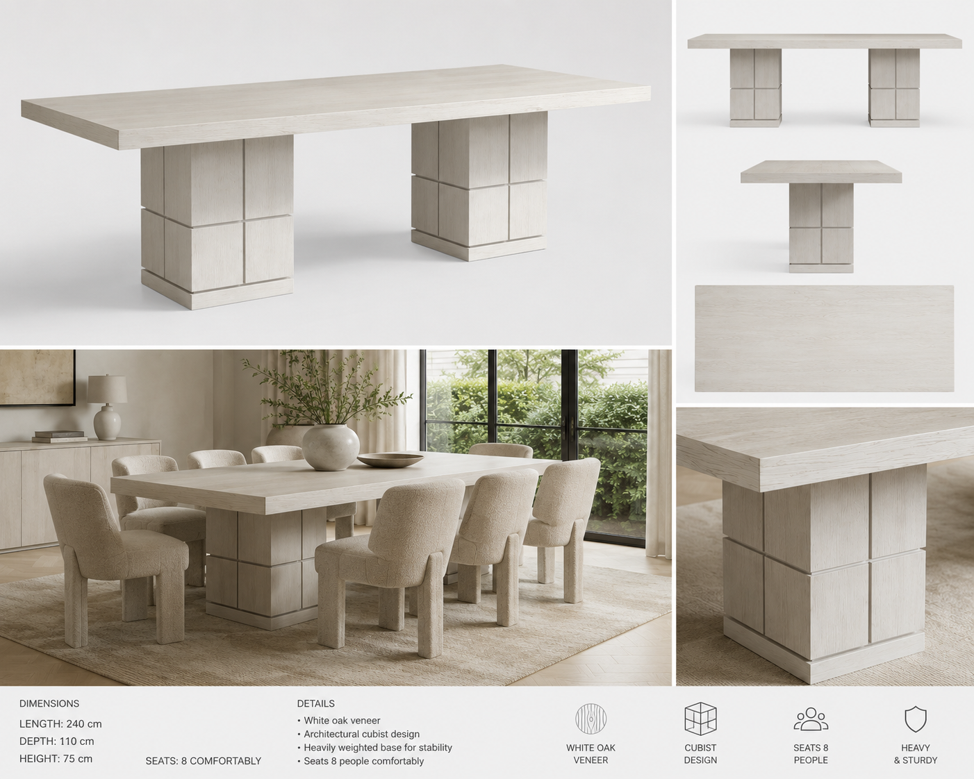 Cubist Dining Table – 240cm White Oak